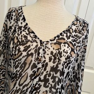 Leopard Print Button Up Long Sheer Bebe Sleeve Blouse Size Small
